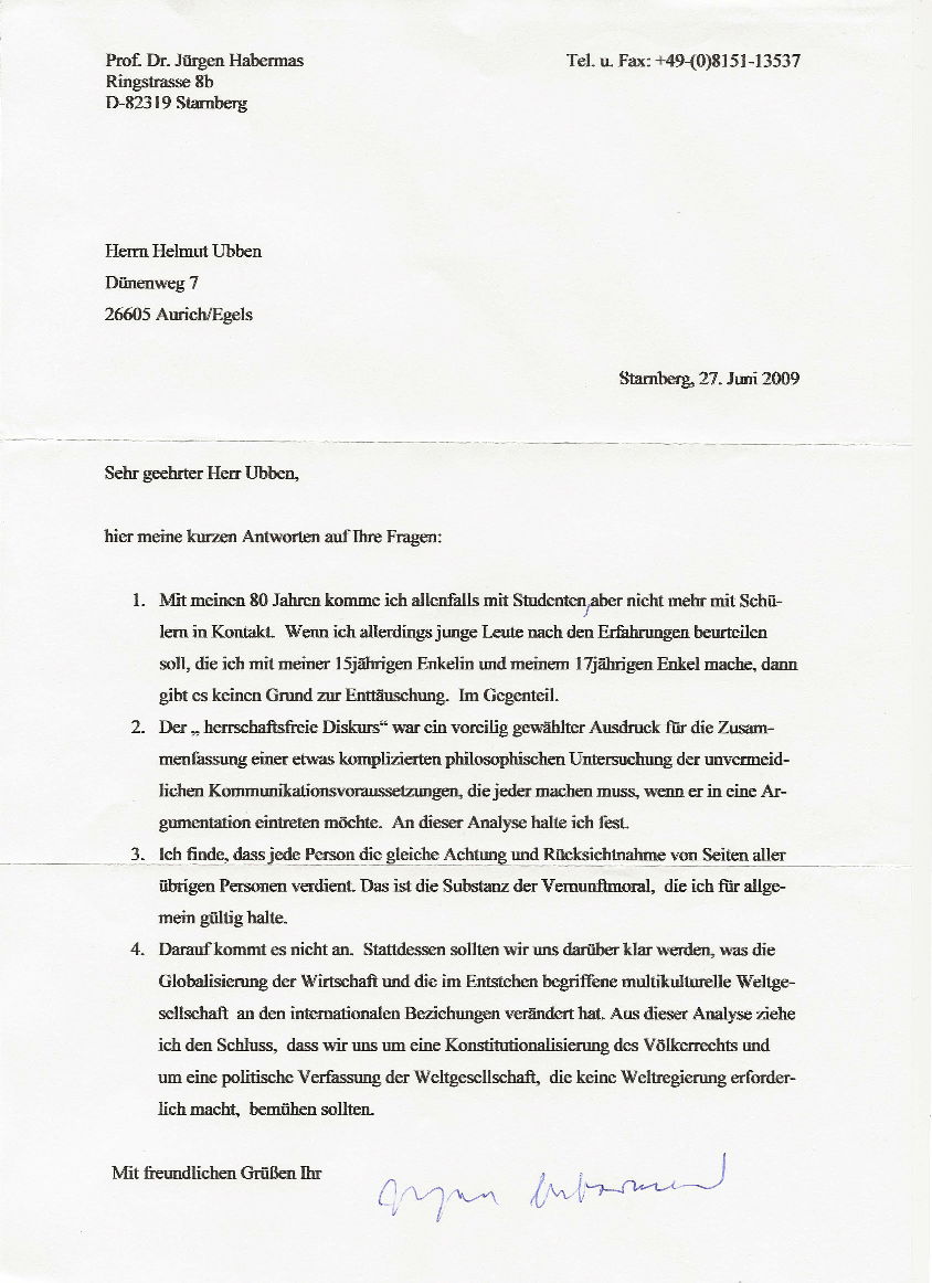 Jürgen Habermas' Antwortbrief vom 27.06.2009, 136 k