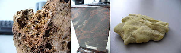 Geschäumtes Gestein des Merapivulkans in Indonesien, geschliffenes Vulkanglas ebenfalls vom Merapi, Schwefelstück aus Island, 28 k