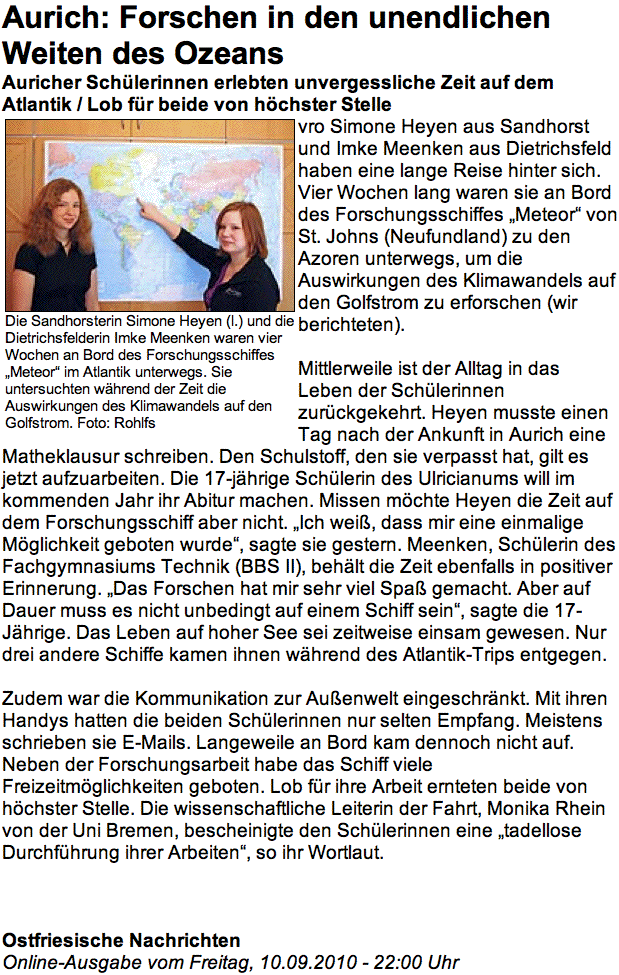 Bildschirmfoto des Artikels der Ostfriesischen Nachrichten vom 10.09.2010 über das Praktikum auf der Meteor 2010 nach der Rückkehr der Praktikantinnen, 146 k