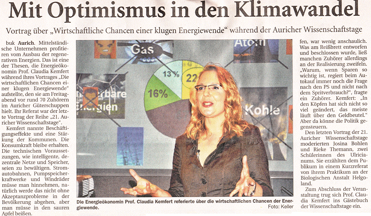 Artikel der Ostfriesischen Nachrichten vom 29.08.2011  über den Vortrag von Prof. Dr. Claudia Kemfert bei den 21. Auricher Wissenschaftstagen (Scan-Version des oberen Teils), 525 k