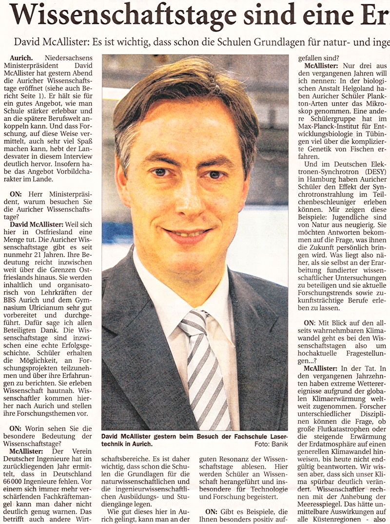 Artikel der Ostfriesischen Nachrichten vom 08.02.2012 mit einem Interview des niedersächsichen Ministerpräsidenten anlässlich der Eröffnung der 22. Auricher Wissenschaftstagen (Scan-Version des linken Teils), 302 k