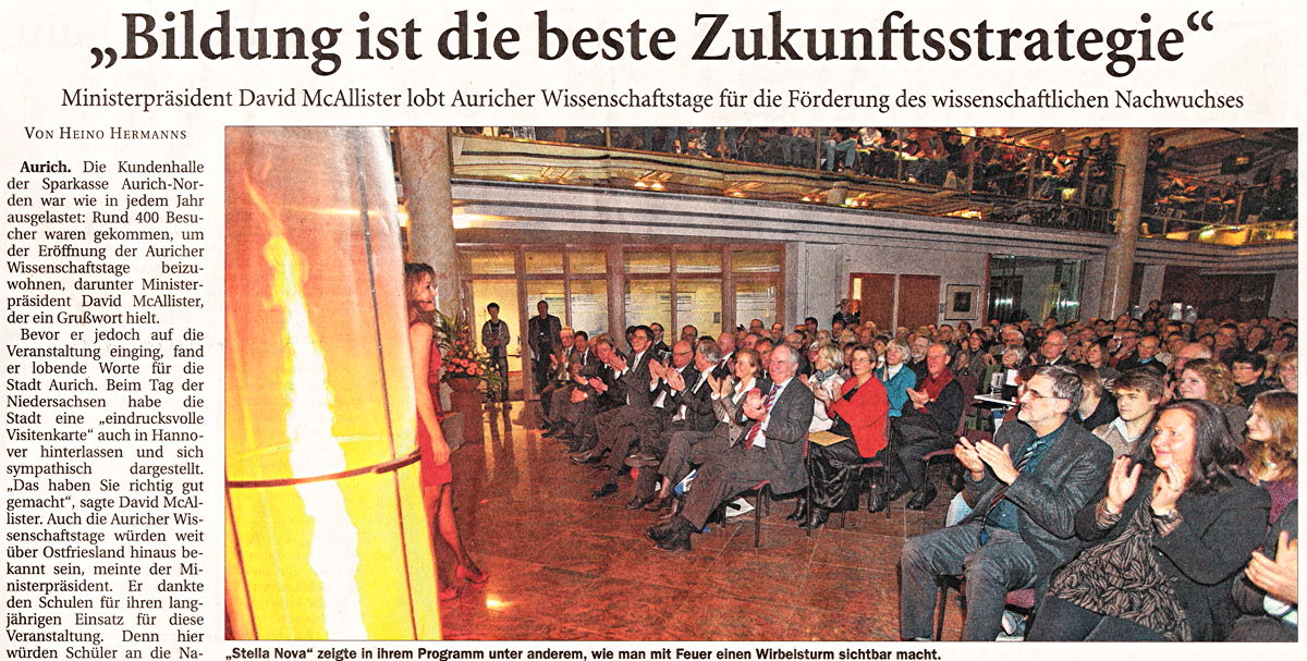 Artikel der Ostfriesischen Nachrichten vom 09.02.2012 zur Eröffnungsveranstaltung der 22. Auricher Wissenschaftstage (Scan-Version des oberen Teils), 302 k