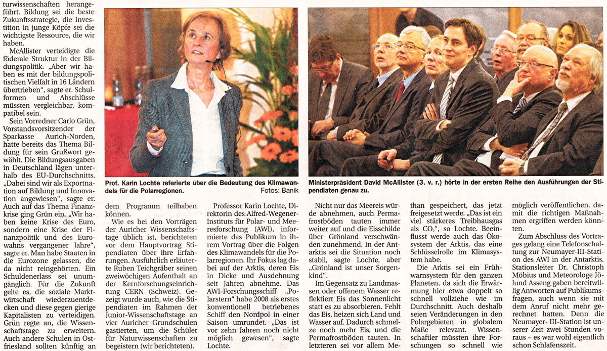 Artikel der Ostfriesischen Nachrichten vom 09.02.2012 zur Eröffnungsveranstaltung der 22. Auricher Wissenschaftstage (Scan-Version des unteren Teils), 302 k