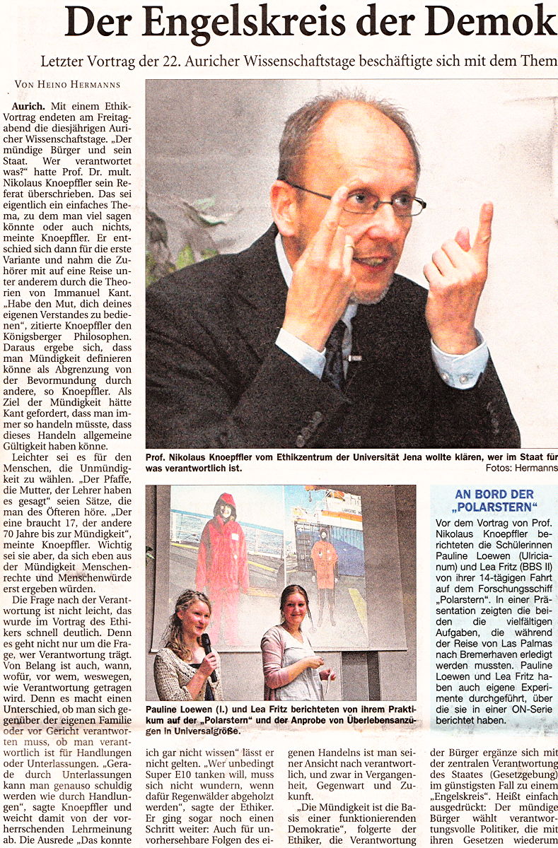 Artikel der Ostfriesischen Nachrichten vom 04.06.2012 zum Vortrag von Prof. Dr. mult. Nikolaus Knoepffler bei den 22. Auricher Wissenschaftstagen (Scan-Version des linken Teils), 347 k