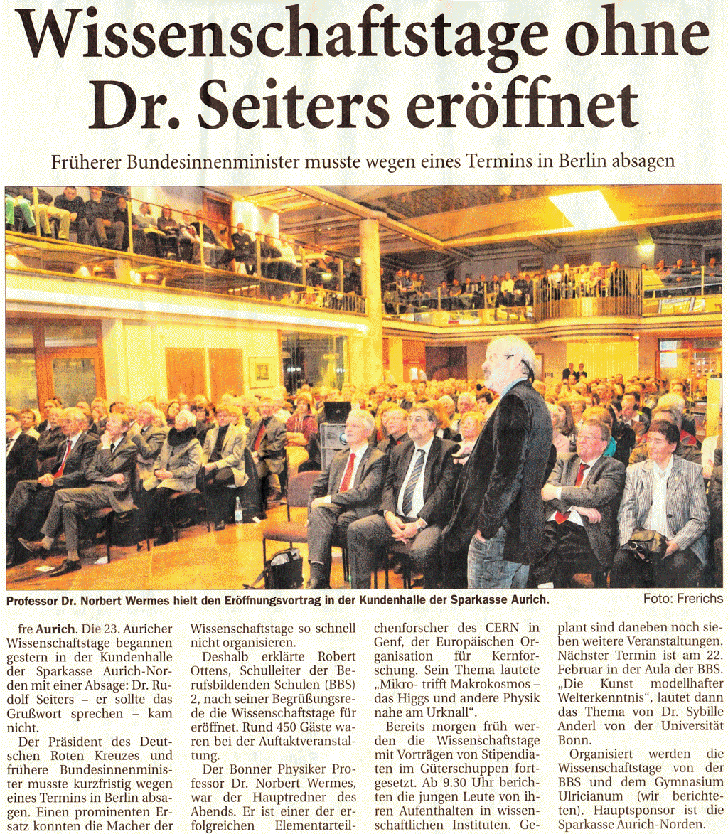 Artikel der Ostfriesischen Nachrichten vom 19.02.2013 über die Eröffnungsveranstaltung der 23. Auricher Wissenschaftstage (Scan-Version), 623 k