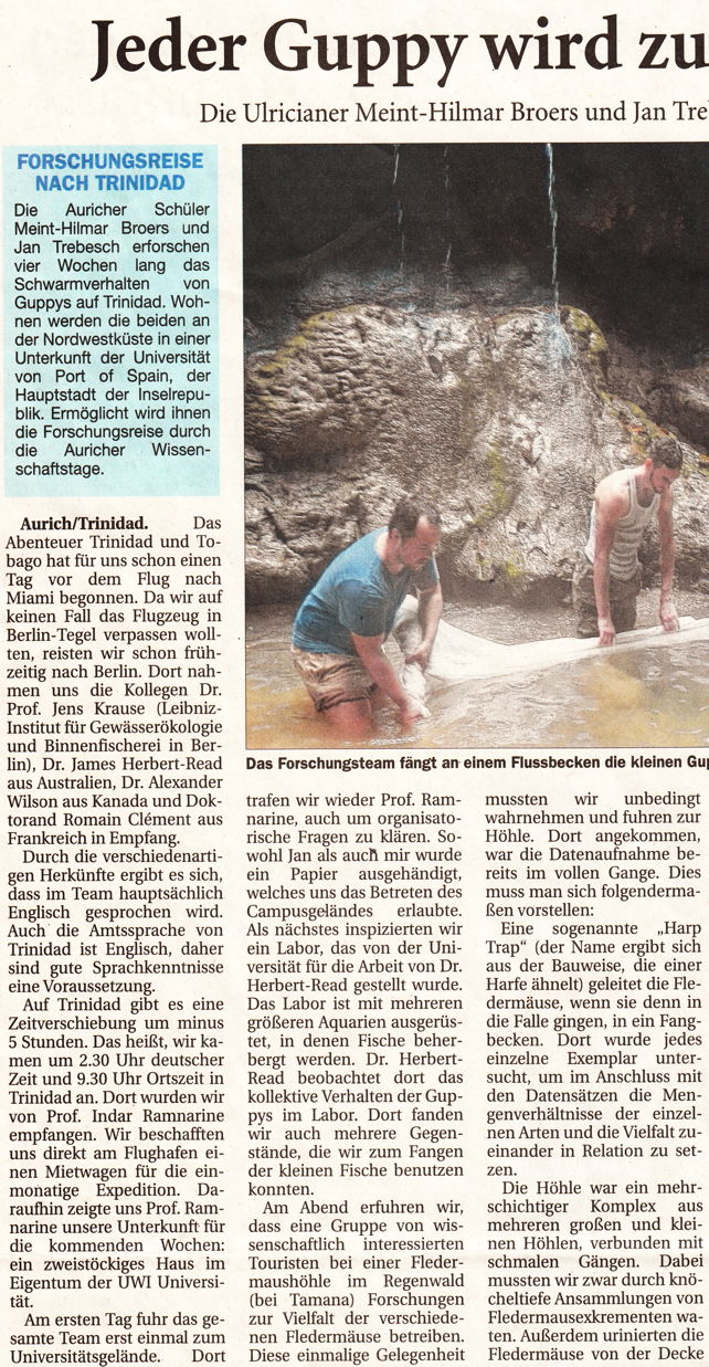 Artikel der Ostfriesischen Nachrichten vom 04.04.2013 zur Expedition in die Karibik (Scan-Version des linken Teils), 275 k
