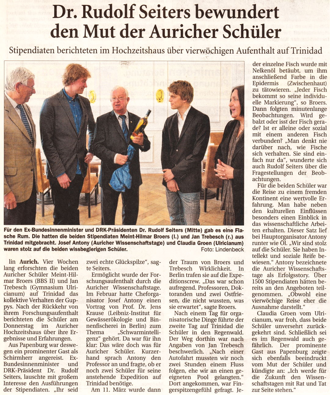 Artikel der Ostfriesischen Nachrichten vom 04.05.2013 zum Treffen der Teilnehmern der Regenwald-Expedition mit Dr. Rudolf Seiters (Scan-Version), 423 k
