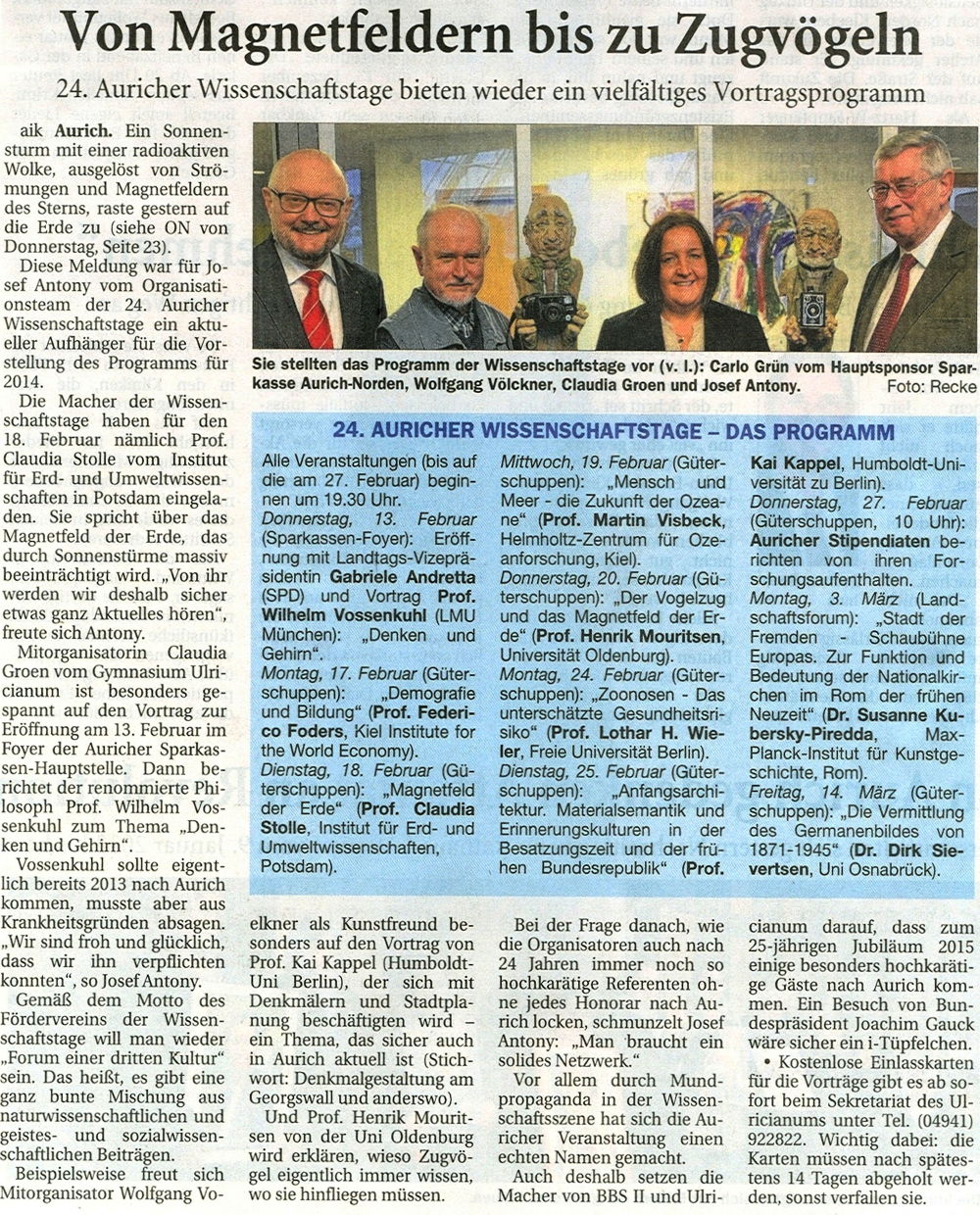 Artikel der Ostfriesischen Nachrichten vom 10.01.2014 zum Programm der 24. Auricher Wissenschaftstage (Scan-Version), 448 k