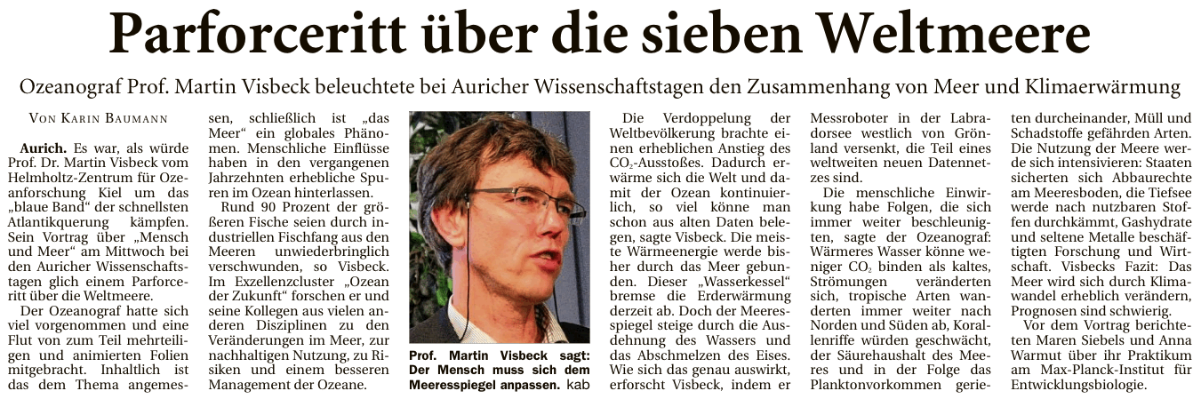 Artikel der Ostfriesischen Nachrichten vom 21.02.2014 zum Vortrag von Prof. Martin Visbeck bei den 24. Auricher Wissenschaftstagen 2014 (E-Paper-Version), 169 k