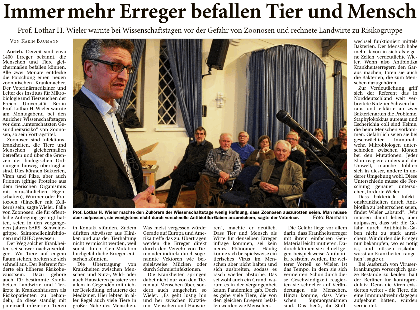 Artikel der Ostfriesischen Nachrichten vom 26.02.2014 zum Vortrag von Prof. Dr. Lothar H. Wieler bei den 24. Auricher Wissenschaftstagen 2014 (E-Paper-Version), 548 k
