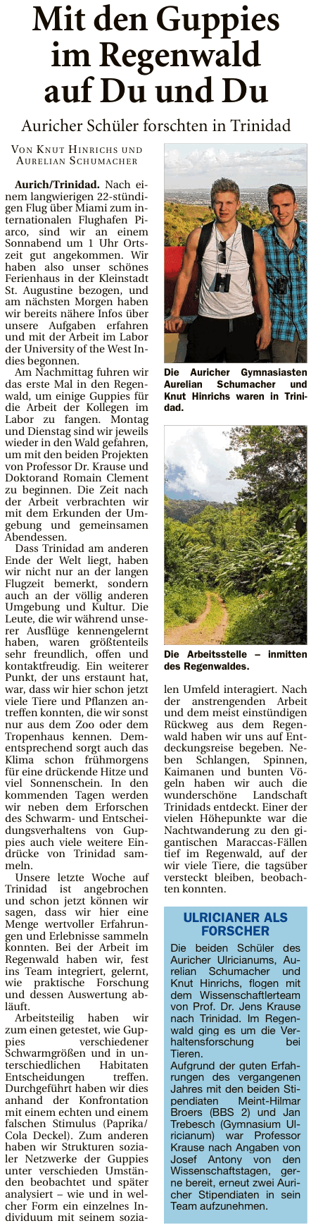 Artikel der Ostfriesischen Nachrichten vom 03.05.2014 zur Regenwald-Expedition 2014 (E-Paper-Version), 248 k
