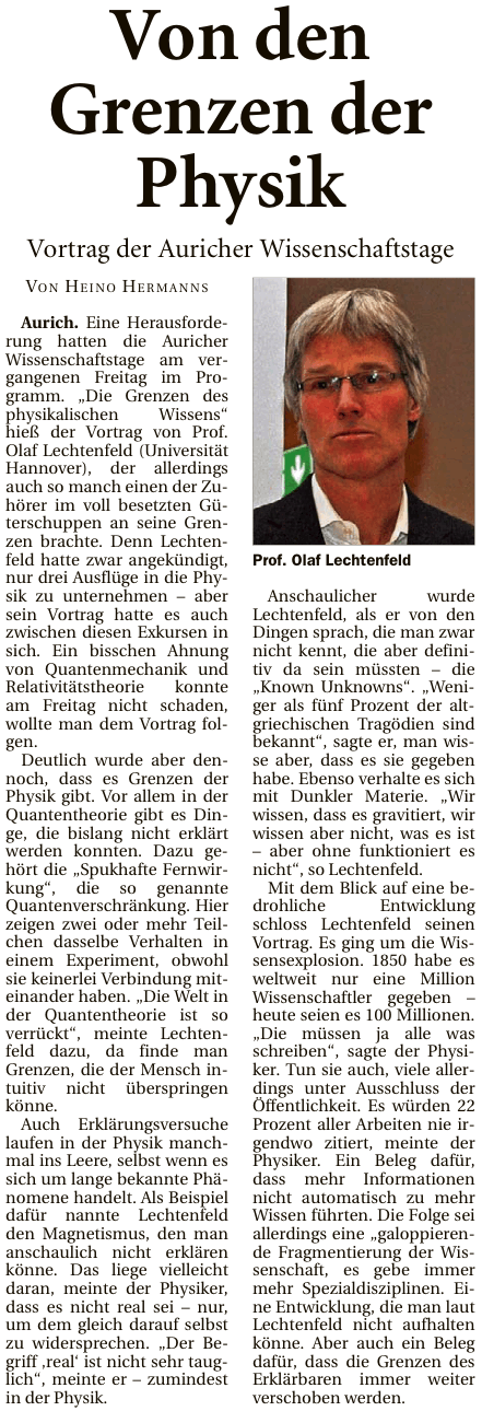 Artikel der Ostfriesischen Nachrichten vom 16.02.2015 zum Vortrag von Prof. Dr. Olaf Lechtenfeld bei den 25. Auricher Wissenschaftstagen (E-Paper-Version), 153 k