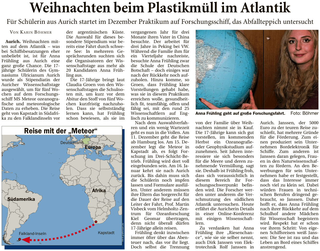 Artikel der Ostfriesischen Nachrichten vom 09.11.2016 zur Fahrt von Anna Frühling mit der 'Meteor' (E-Paper-Version), 288 k