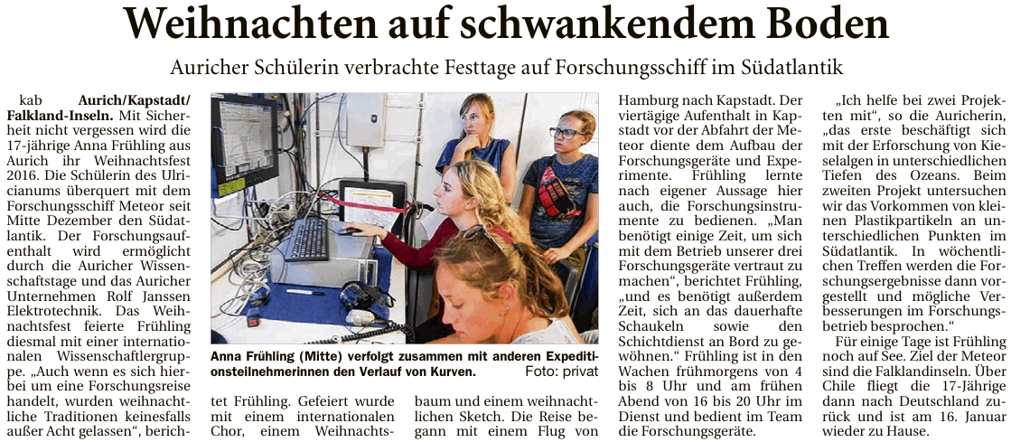 Artikel der Ostfriesischen Nachrichten vom 09.01.2017 zur Fahrt von Anna Frühling mit der 'Meteor' (E-Paper-Version), 200 k