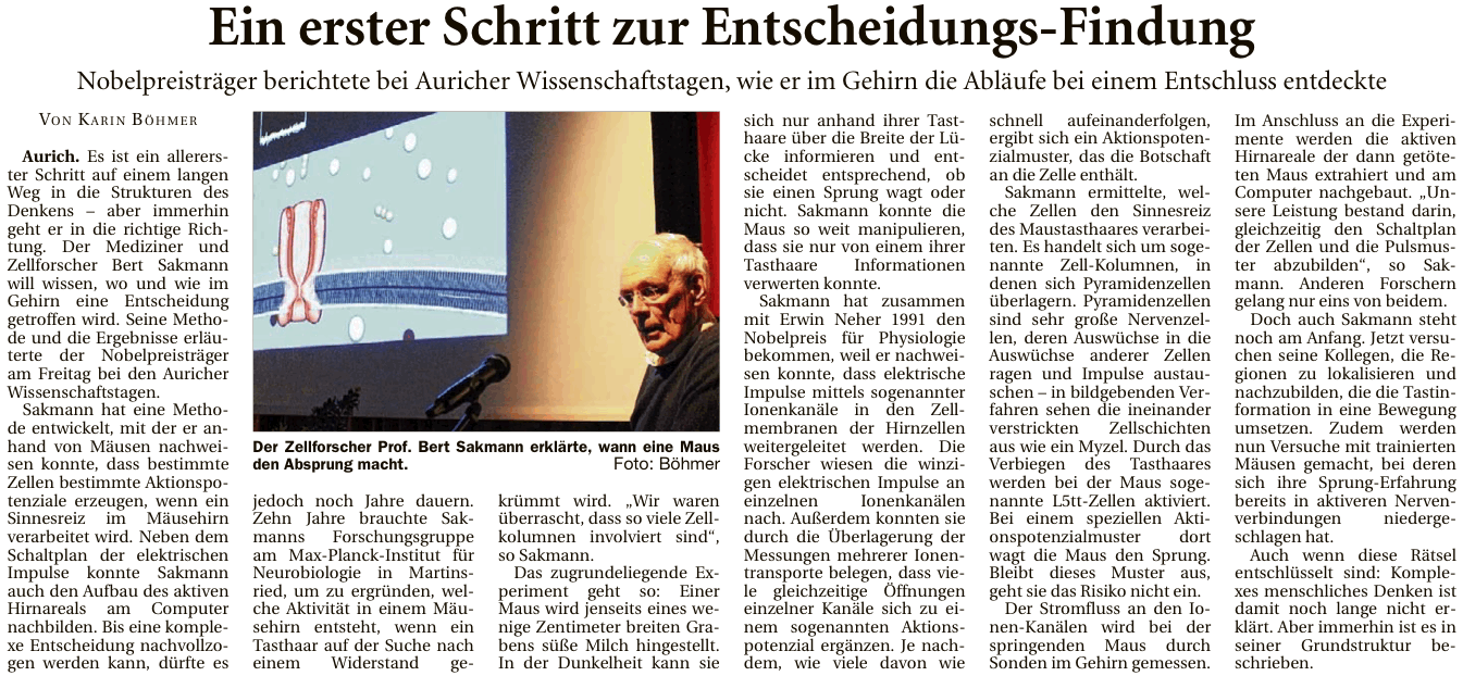 Artikel der Ostfriesischen Nachrichten vom 02.05.2017 zum Vortrag von Prof. Dr. Bert Sakmann bei den 27. Auricher Wissenschaftstagen (E-Paper-Version), 237 k