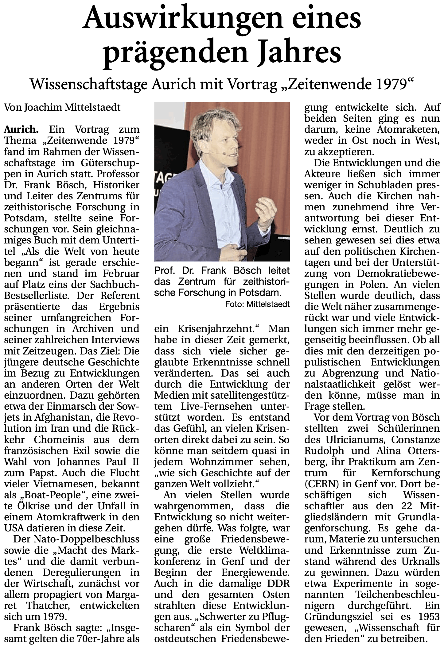 Artikel der Ostfriesischen Nachrichten vom 04.03.2019 über den Vortrag von Prof. Dr. Frank Bösch bei den 29. Auricher Wissenschaftstagen (E-Paper-Version), 485 k