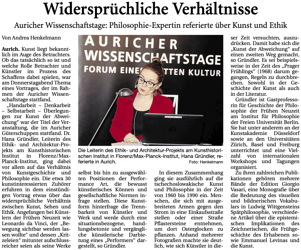 Artikel der Ostfriesischen Nachrichten vom 09.03.2019 über den Vortrag von Dr. Hana Gründler bei den 29. Auricher Wissenschaftstagen (E-Paper-Version), 233 k