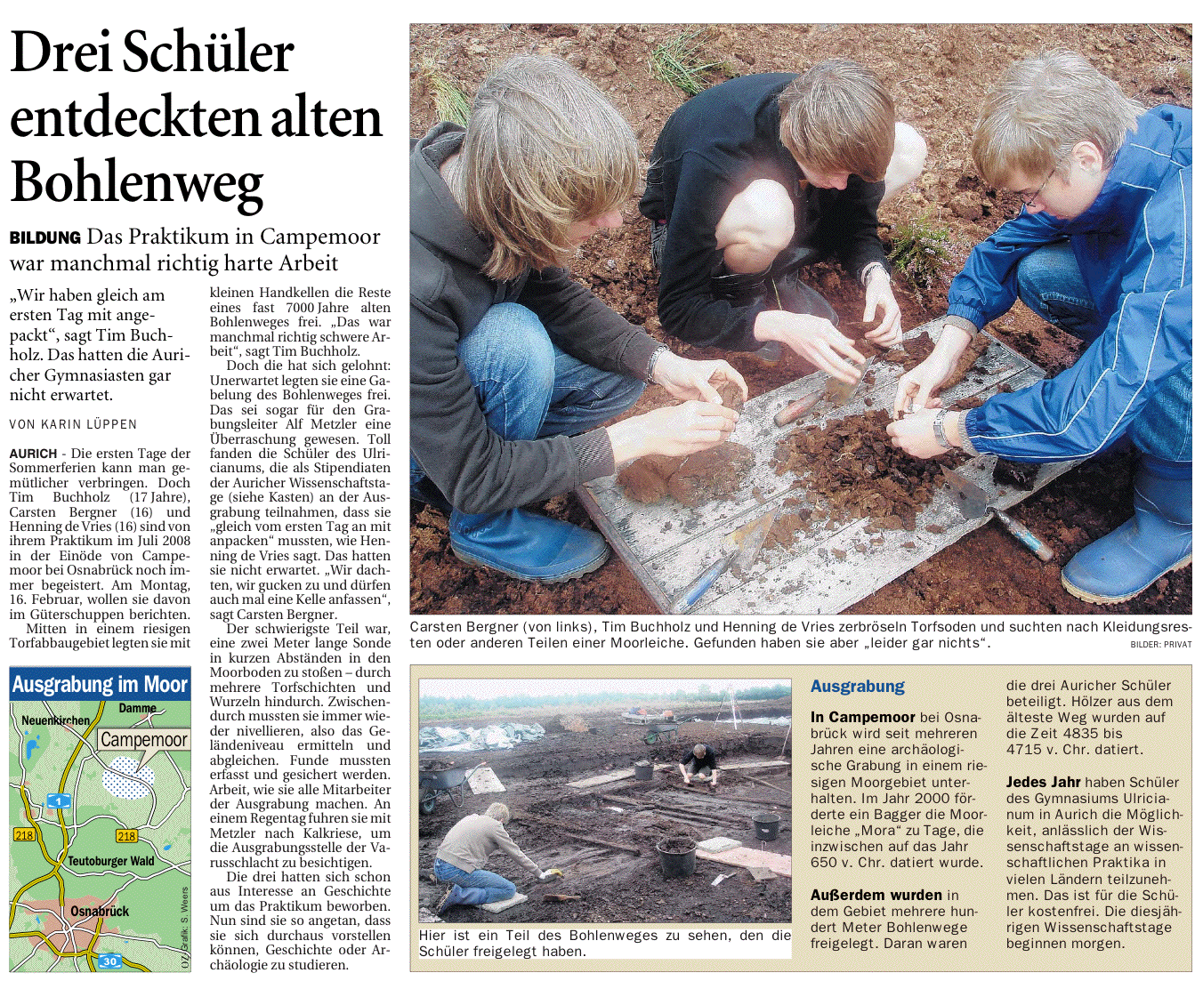Artikel der Ostfriesen-Zeitung vom 29.01.2009 über ein Praktikum dreier Stipendiaten in Campemoor, 838 k
