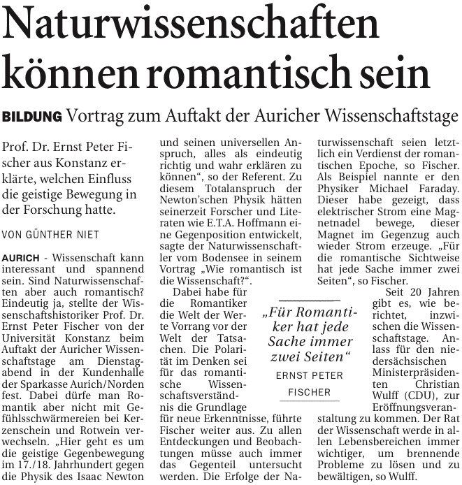 Bericht der Ostfriesen-Zeitung vom 04.02.2010 über den Vortrag von Prof. Dr. Fischer auf den 20. Auricher Wissenschaftstagen, 88 k