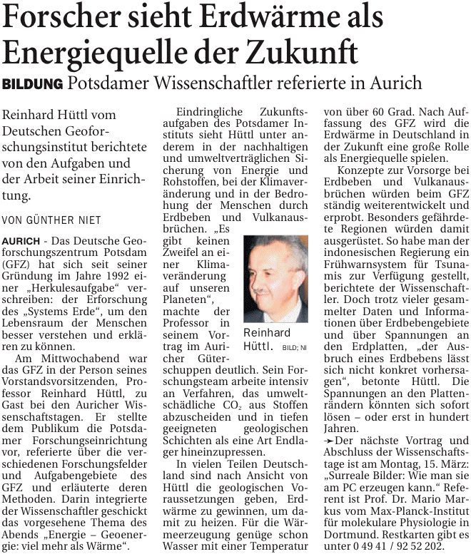 Bericht der Ostfriesen-Zeitung vom 27.02.2010 über den Vortrag von Prof. Dr. Hüttl auf den 20. Auricher Wissenschaftstagen, 124 k