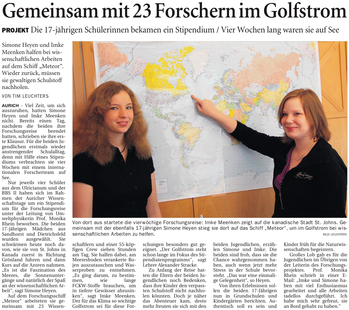 Bericht der Ostfriesen-Zeitung vom 14.09.2010 über das vierwöchige Praktikum auf der Meteor, 449 k