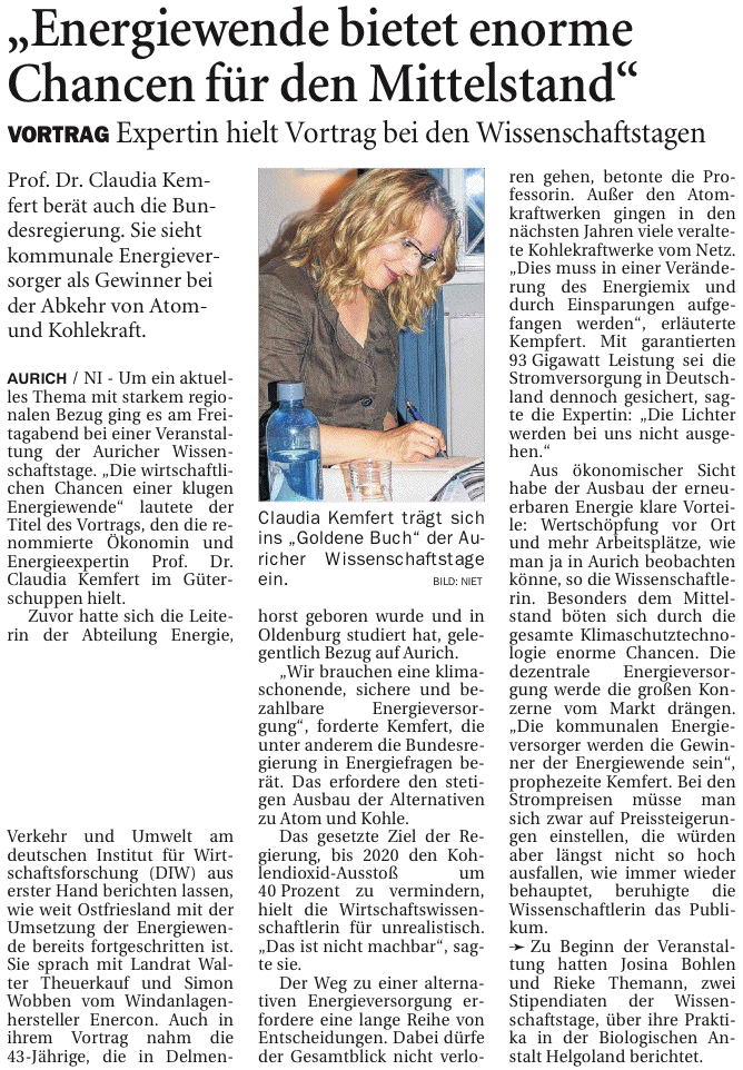 Artikel der Ostfriesen-Zeitung vom 29.08.2011 über den Vortrag von Prof. Dr. Claudia Kemfert bei den 21. Auricher Wissenschaftstagen, 184 k