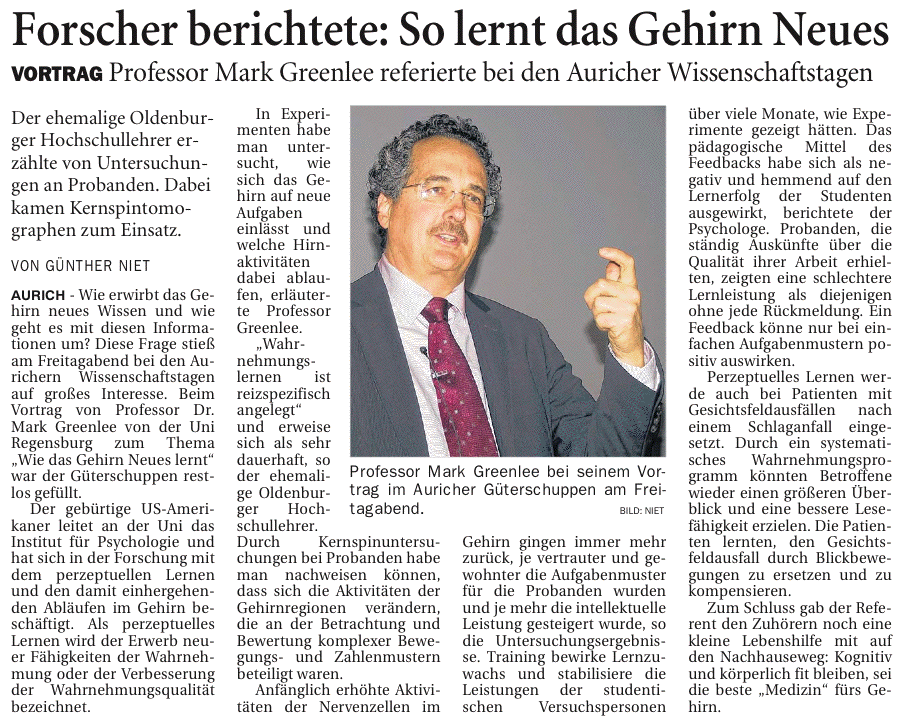 Artikel der Ostfriesen-Zeitung vom 20.02.2012 über den Vortrag von Prof. Dr. Mark Greenlee bei den 22. Auricher Wissenschaftstagen, 201 k