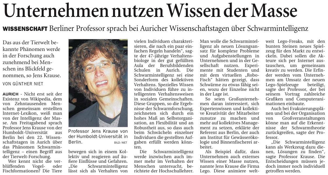 Artikel der Ostfriesen-Zeitung vom 27.02.2012 über den Vortrag von Prof. Dr. Jens Krause bei den 22. Auricher Wissenschaftstagen, 191 k