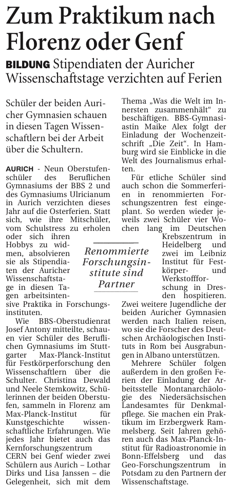 Artikel der Ostfriesen-Zeitung vom 28.03.2012 zum Stipendiatenprogramm der Auricher Wissenschaftstage, 87 k