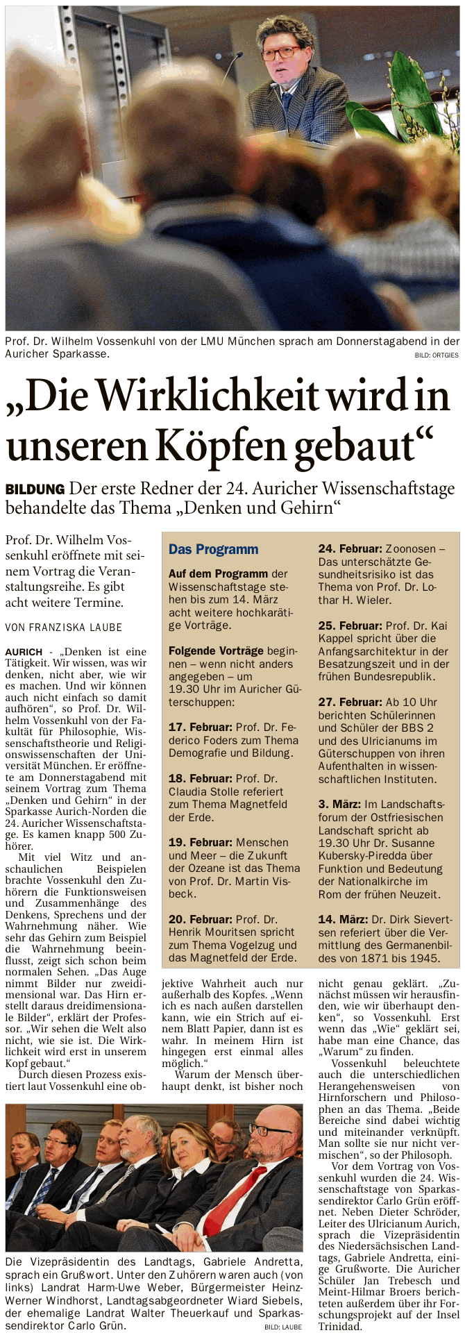 Artikel der Ostfriesen-Zeitung vom 15.02.2014 zur Eröffnungsveranstaltung der 24. Auricher Wissenschaftstage 2014 (E-Paper-Version), 412 k