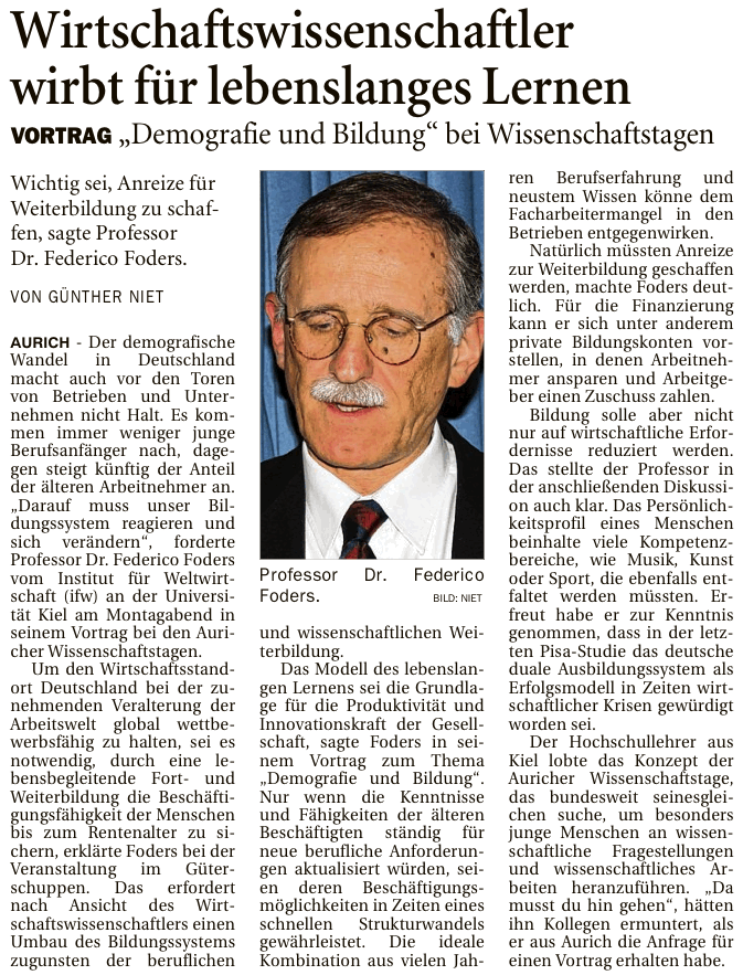 Artikel der Ostfriesen-Zeitung vom 19.02.2014 zum Vortrag von Prof. Federico Foders bei den 24. Auricher Wissenschaftstagen 2014 (E-Paper-Version), 180 k