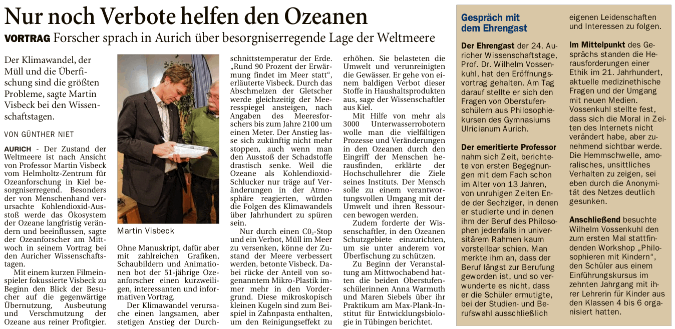 Artikel der Ostfriesen-Zeitung vom 21.02.2014 zum Vortrag von Prof. Dr. Martin Visbeck bei den 24. Auricher Wissenschaftstagen 2014 (E-Paper-Version), 258 k