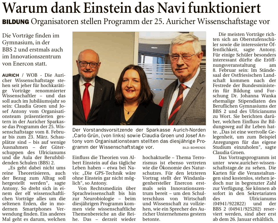 Artikel der Ostfriesen-Zeitung vom 16.01.2015 über das Programm der 25. Auricher Wissenschaftstage (E-Paper-Version), 202 k