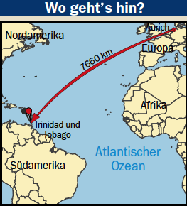 Kartenausschnitt, der die Entfernung zwischen Aurich und Trinidad zeigt, 16 k