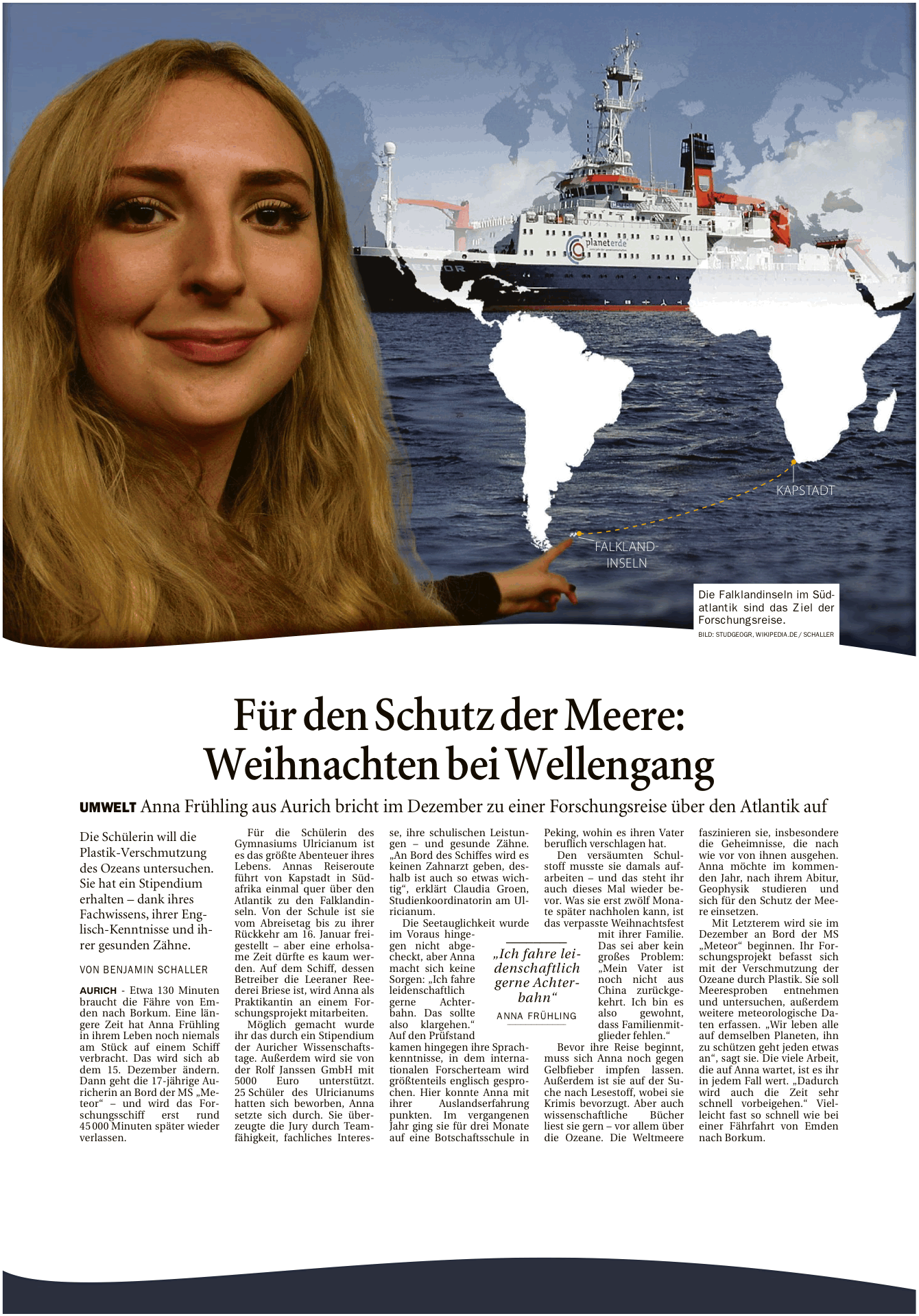 Artikel der Ostfriesen-Zeitung vom 11.11.2016 zur Fahrt von Anna Frühling mit der 'Meteor' (E-Paper-Version), 792 k
