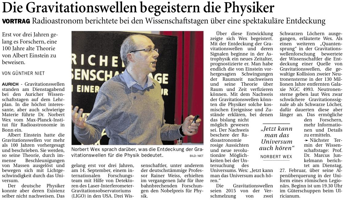 Bericht der Ostfriesen-Zeitung vom 23.02.2018 über den Vortrag von Dr. Norbert Wex bei den 28. Auricher Wissenschaftstagen (E-Paper-Version), 244 k