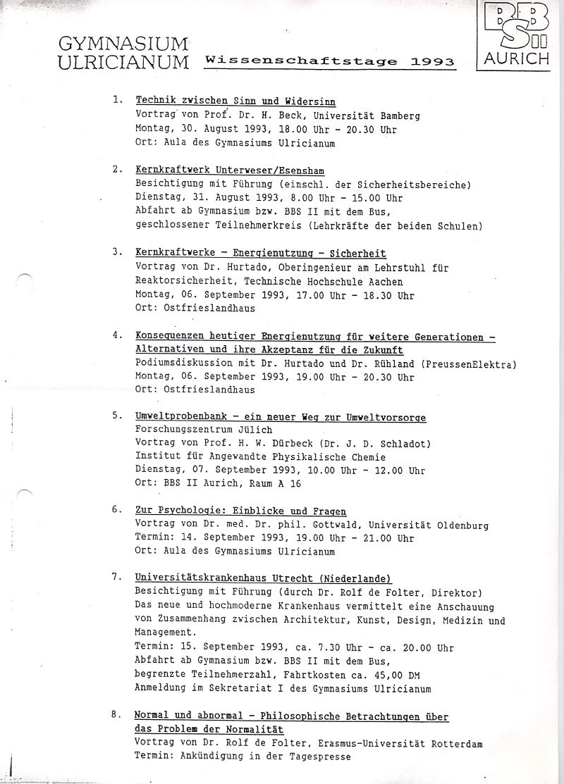 Foto des Programmzettels für die 4. Auricher Wissenschaftstage 1993, 165 k